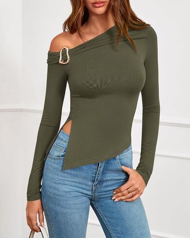 BTFBM Off The Shoulder Tops for Women Fall Fashion 2025 Asymmetrical Long Sleeve Shirts Fitted Going Out Top Y2K Clothes in Saudi Arabia