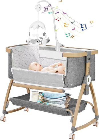 Baby Bassinets Bedside Sleeper,3 in 1 Bedside Bassinet for Baby,Rocking Bassinet for Baby with Mattress,Mobile,Mosquito Net,Storage Basket,Height Adjustable Bassinet with Wheels for Newborn Infants in Saudi Arabia