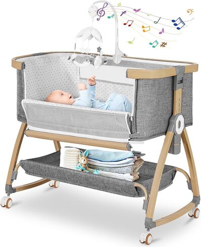 Baby Bassinets Bedside Sleeper,3 in 1 Bedside Bassinet for Baby,Rocking Bassinet for Baby with Mattress,Mobile,Mosquito Net,Storage Basket,Height Adjustable Bassinet with Wheels for Newborn Infants in Saudi Arabia