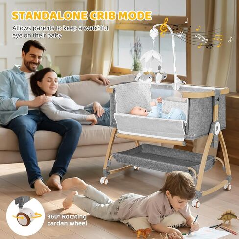 Baby Bassinets Bedside Sleeper,3 in 1 Bedside Bassinet for Baby,Rocking Bassinet for Baby with Mattress,Mobile,Mosquito Net,Storage Basket,Height Adjustable Bassinet with Wheels for Newborn Infants in Saudi Arabia