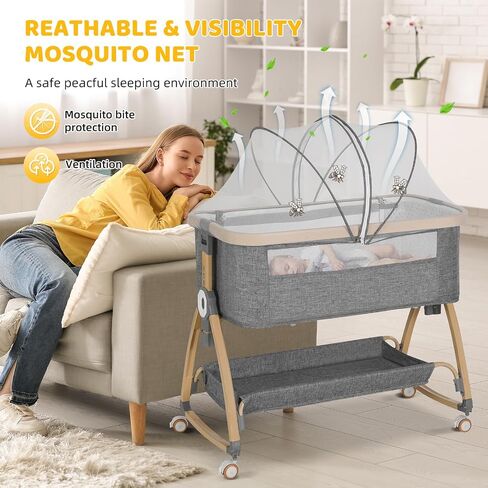 Baby Bassinets Bedside Sleeper,3 in 1 Bedside Bassinet for Baby,Rocking Bassinet for Baby with Mattress,Mobile,Mosquito Net,Storage Basket,Height Adjustable Bassinet with Wheels for Newborn Infants in Saudi Arabia