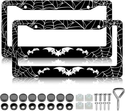 Bat License Plate Frames - 2 Pack Front Rear Sprider Web Bat Goth Gothic License Plates Holder Covers, Aluminum Metal Rust-Proof Waterproof Car Tag Frame with Screws Fasteners Caps in Saudi Arabia