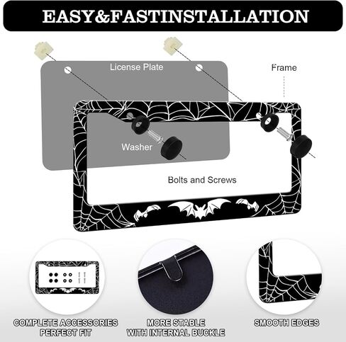 Bat License Plate Frames - 2 Pack Front Rear Sprider Web Bat Goth Gothic License Plates Holder Covers, Aluminum Metal Rust-Proof Waterproof Car Tag Frame with Screws Fasteners Caps in Saudi Arabia