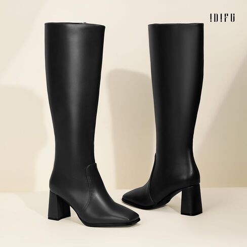 IDIFU Women's IN3 Knee High Boots Square Toe Gogo Tall Booties Low Short Chunky Block Heel Long Fall Boots Side Zipper for Women Ladies Dressy Comfortable Fashion Modern Pull On Small Heeled Boots in Kuwait