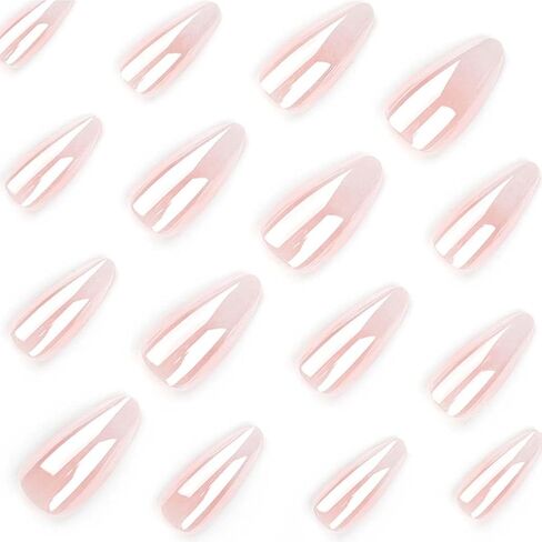 French Press on Nails Medium Rhinestone Pink Fake Nails Almond Bling Glossy 3D Flower False Nail Tips Artificial Nails Finger Manicure for Women&Girls -24 pcs in Kuwait