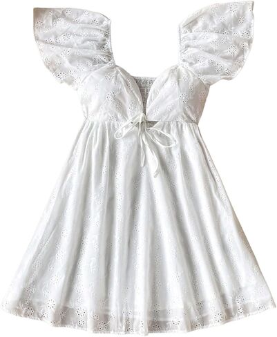 MakeMeChic Women's Casual Ruffle Mini Dress Summer Flutter Sleeve V Neck Tie Front Cutout A Line Dress in Saudi Arabia