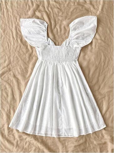 MakeMeChic Women's Casual Ruffle Mini Dress Summer Flutter Sleeve V Neck Tie Front Cutout A Line Dress in Saudi Arabia