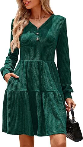Kate Kasin Women's Long Sleeve Sweater Dresses 2025, Button V Neck Knit Dress, Fall Swing A Line Babydoll Dress with Pockets in Kuwait