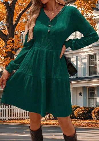 Kate Kasin Women's Long Sleeve Sweater Dresses 2025, Button V Neck Knit Dress, Fall Swing A Line Babydoll Dress with Pockets in Kuwait