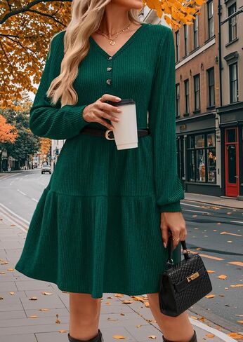 Kate Kasin Women's Long Sleeve Sweater Dresses 2025, Button V Neck Knit Dress, Fall Swing A Line Babydoll Dress with Pockets in Kuwait