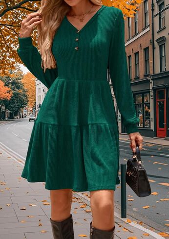 Kate Kasin Women's Long Sleeve Sweater Dresses 2025, Button V Neck Knit Dress, Fall Swing A Line Babydoll Dress with Pockets in Kuwait