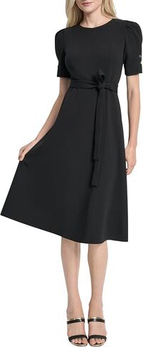 DKNY Womens Short Puff Sleeve Jewel Neck Midi Dress Removable Belt Scuba Crepe Dress in Saudi Arabia