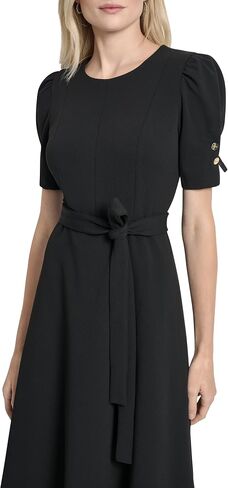 DKNY Womens Short Puff Sleeve Jewel Neck Midi Dress Removable Belt Scuba Crepe Dress in Saudi Arabia