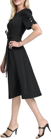 DKNY Womens Short Puff Sleeve Jewel Neck Midi Dress Removable Belt Scuba Crepe Dress in Saudi Arabia