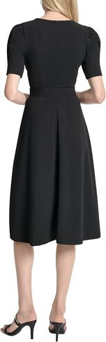 DKNY Womens Short Puff Sleeve Jewel Neck Midi Dress Removable Belt Scuba Crepe Dress in Saudi Arabia