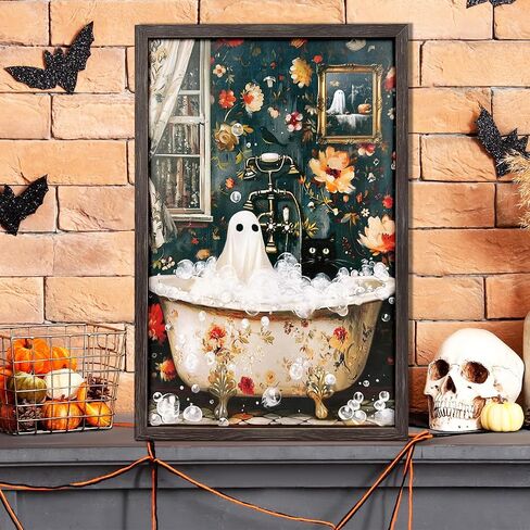 Halloween Wall Decoration Ghost and Black Cat in Bathtub Bathroom Artwork Wall Art Framed Vintage Aesthetic Pictures Decor for Halloween Gallery Living Room Bedroom Office (Including Wooden Frame) in Saudi Arabia