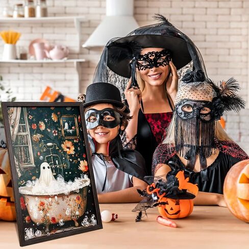 Halloween Wall Decoration Ghost and Black Cat in Bathtub Bathroom Artwork Wall Art Framed Vintage Aesthetic Pictures Decor for Halloween Gallery Living Room Bedroom Office (Including Wooden Frame) in Saudi Arabia
