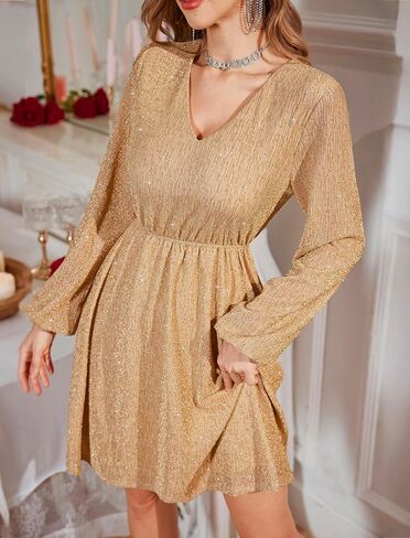 ZAFUL Women's Sparkly Sequin Dress Lantern Long Sleeve V Neck Loose Glitter Cocktail Party Club Mini Dresses in Saudi Arabia