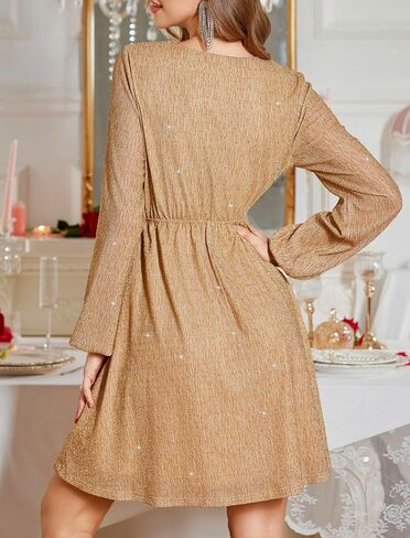 ZAFUL Women's Sparkly Sequin Dress Lantern Long Sleeve V Neck Loose Glitter Cocktail Party Club Mini Dresses in Saudi Arabia