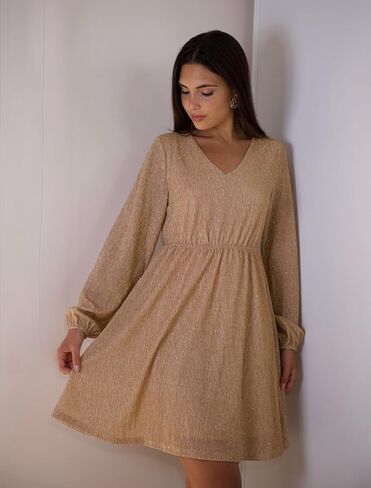 ZAFUL Women's Sparkly Sequin Dress Lantern Long Sleeve V Neck Loose Glitter Cocktail Party Club Mini Dresses in Saudi Arabia