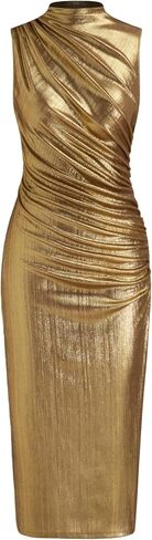 CIDER Cocktail Midi Ruched Bodycon Metallic Sleeveless Party Stand Neck Solid Slim Fit Dress in Saudi Arabia