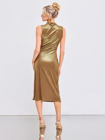 CIDER Cocktail Midi Ruched Bodycon Metallic Sleeveless Party Stand Neck Solid Slim Fit Dress in Saudi Arabia