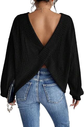 Womens Long Sleeve Crew Neck Tee Tops Casual Solid Color Criss-Cross Back T-Shirt Blouse Fall in Saudi Arabia