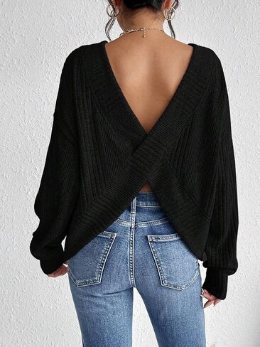 Womens Long Sleeve Crew Neck Tee Tops Casual Solid Color Criss-Cross Back T-Shirt Blouse Fall in Saudi Arabia
