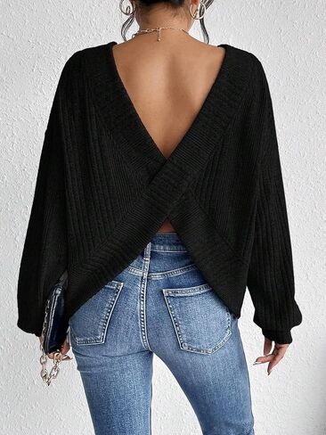Womens Long Sleeve Crew Neck Tee Tops Casual Solid Color Criss-Cross Back T-Shirt Blouse Fall in Saudi Arabia