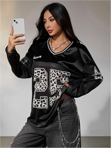 قمصان Verdusa النسائية كبيرة الحجم من الجيرسيه بطبعة الفهد Y2K، تي شيرتات برسومات وأكمام طويلة ملابس الشارع in Kuwait