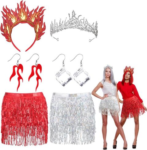 2 Set Fire and Ice Cosplay Costume Accessories Included Flame Drop Earrings Red and Sliver Sequin Tassel Skirt Wrap Fire Ice Headband Ice Earrings for Women Halloween Costume Party in Saudi Arabia