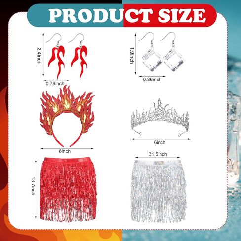 2 Set Fire and Ice Cosplay Costume Accessories Included Flame Drop Earrings Red and Sliver Sequin Tassel Skirt Wrap Fire Ice Headband Ice Earrings for Women Halloween Costume Party in Saudi Arabia