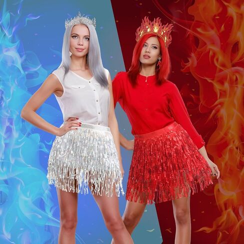 2 Set Fire and Ice Cosplay Costume Accessories Included Flame Drop Earrings Red and Sliver Sequin Tassel Skirt Wrap Fire Ice Headband Ice Earrings for Women Halloween Costume Party in Saudi Arabia