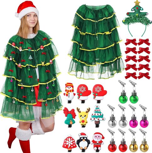 Mepase 32 Pcs Christmas Tree Costumes Outfit for Women Including Xmas Cloak Christmas Tree Headband with 10 Hair Clips 10 Bow Clips 10 Xmas Balls Decor for Holiday Party Costume Cosplay Covers in Saudi Arabia