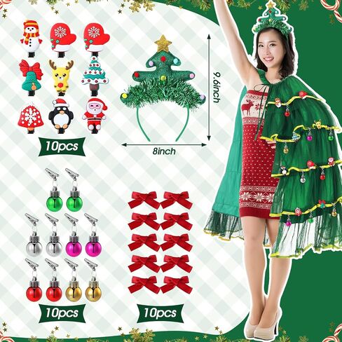 Mepase 32 Pcs Christmas Tree Costumes Outfit for Women Including Xmas Cloak Christmas Tree Headband with 10 Hair Clips 10 Bow Clips 10 Xmas Balls Decor for Holiday Party Costume Cosplay Covers in Saudi Arabia
