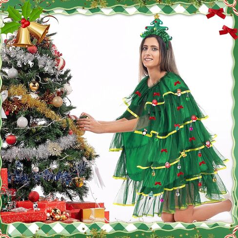Mepase 32 Pcs Christmas Tree Costumes Outfit for Women Including Xmas Cloak Christmas Tree Headband with 10 Hair Clips 10 Bow Clips 10 Xmas Balls Decor for Holiday Party Costume Cosplay Covers in Saudi Arabia