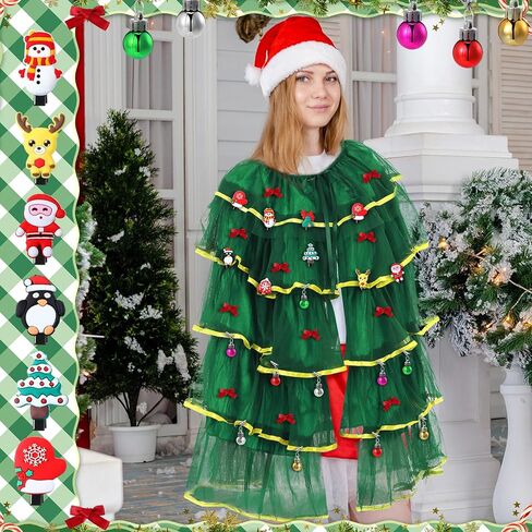Mepase 32 Pcs Christmas Tree Costumes Outfit for Women Including Xmas Cloak Christmas Tree Headband with 10 Hair Clips 10 Bow Clips 10 Xmas Balls Decor for Holiday Party Costume Cosplay Covers in Saudi Arabia