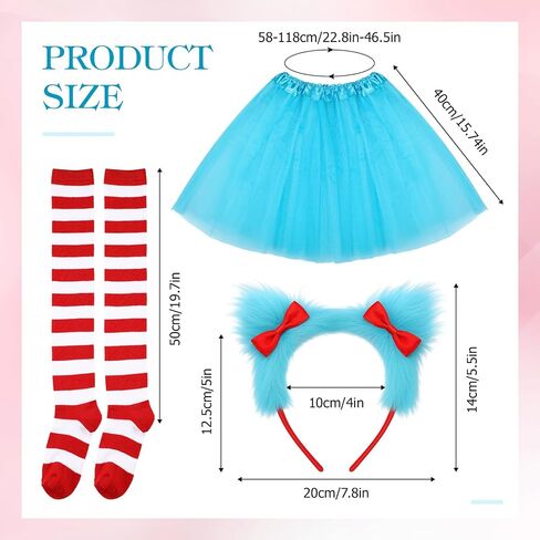 6 Pcs Halloween Blue Thing Costume Set for Women Furry Bow Headbands, Lake Blue Tutu Skirts, Red White Striped Thigh High Socks for Halloween Cosplay Party Supplies in Saudi Arabia