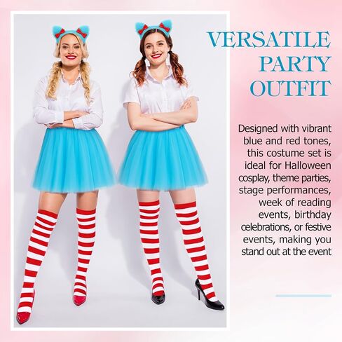 6 Pcs Halloween Blue Thing Costume Set for Women Furry Bow Headbands, Lake Blue Tutu Skirts, Red White Striped Thigh High Socks for Halloween Cosplay Party Supplies in Saudi Arabia
