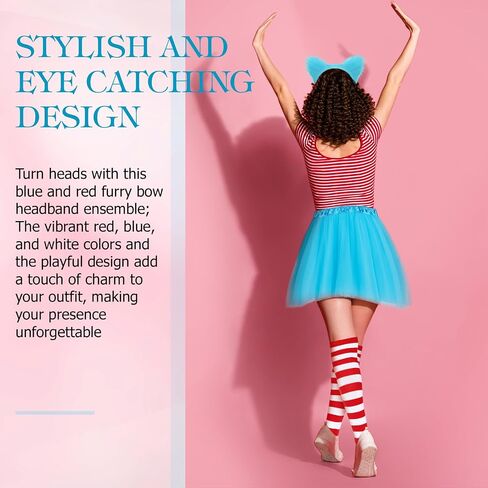 6 Pcs Halloween Blue Thing Costume Set for Women Furry Bow Headbands, Lake Blue Tutu Skirts, Red White Striped Thigh High Socks for Halloween Cosplay Party Supplies in Saudi Arabia