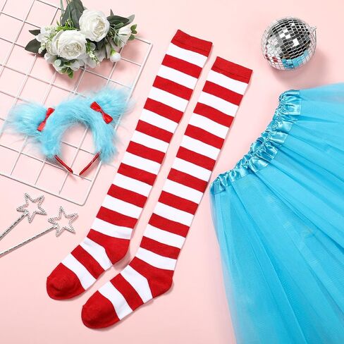 6 Pcs Halloween Blue Thing Costume Set for Women Furry Bow Headbands, Lake Blue Tutu Skirts, Red White Striped Thigh High Socks for Halloween Cosplay Party Supplies in Saudi Arabia
