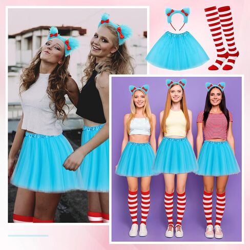 6 Pcs Halloween Blue Thing Costume Set for Women Furry Bow Headbands, Lake Blue Tutu Skirts, Red White Striped Thigh High Socks for Halloween Cosplay Party Supplies in Saudi Arabia