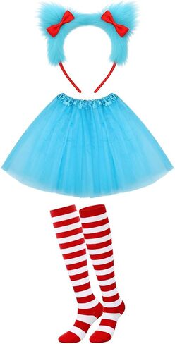 6 Pcs Halloween Blue Thing Costume Set for Women Furry Bow Headbands, Lake Blue Tutu Skirts, Red White Striped Thigh High Socks for Halloween Cosplay Party Supplies in Saudi Arabia