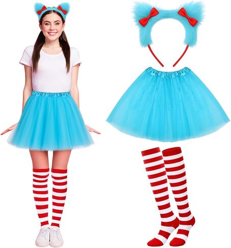 6 Pcs Halloween Blue Thing Costume Set for Women Furry Bow Headbands, Lake Blue Tutu Skirts, Red White Striped Thigh High Socks for Halloween Cosplay Party Supplies in Saudi Arabia