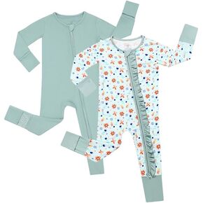 JunNeng 2Pcs Baby Girl Bamboo from Viscose Sleeper with Mitten Cuffs, Footless Ruffle Comfy Zippy Romper, Sleep N' Play Pjs in Kuwait