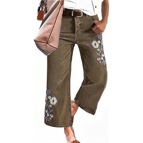 Flamingals Straight Leg Pants for Women Vintage Floral Embroidery Design Casual Pants in Kuwait