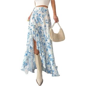 تنانير Floerns النسائية الطويلة ذات الأزهار الطويلة، تنانير طويلة ذات فتحة عالية الخصر وحاشية مكشكشة in Kuwait