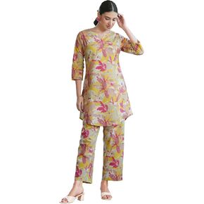 Janasya Indian Women's Cotton Multicolor Floral Print Casual Wear Co-ord Set for Women in Kuwait