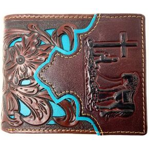 Western Men's Genuine Leather Floral Tooled Laser Cut Praying Cowboy Wallet in 9 colors (Brown/Turq) in Kuwait