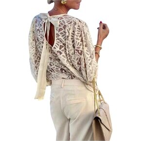 GORGLITTER Women's Sheer Mesh Work Tops Dressy 3/4 Lantern Sleeve Tie Back Business Blouse Shirt 2025 in Saudi Arabia